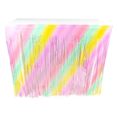 Image of PARTYRAMA.CO.UK Pastel Rainbow Gradient Plastic Fringe Table Skirt 160cm x 70cm