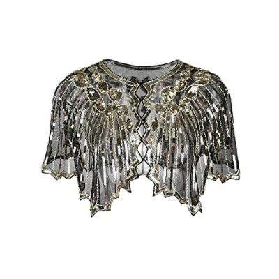 Image of Grouptap 1920s gold gatsby shawl bolero sequin cape shrug wrap for golden women ladies flapper art deco vintage dress costume (Gold, One Size)