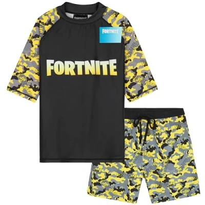 Image of Get Trend Fortnite Swimsuit Set for Boys Teenagers 2 Pcs with Swimming Trunks Gamer Rash Vest Beach Trip Holiday Essentials (11 12 Years, Yellow Fortnite)