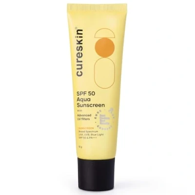 Image of Cureskin SPF 50 Aqua Sunscreen with Advanced UV Filters Broad Spectrum Sun, UVA, UVB, Blue Light Protection, &amp; PA+++, g (Pack of 1)