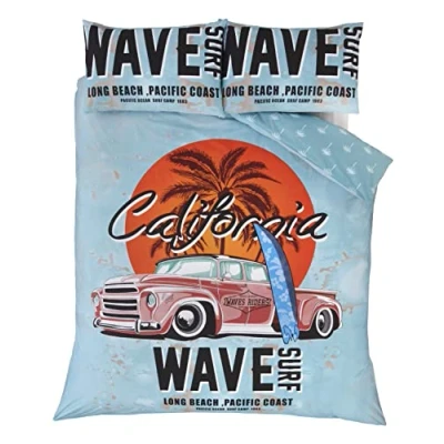 Image of Rapport Duvet Cover Bedding Set Retro California Surf Board on a Beach with Palm Tree &amp; Vintage Car, Blue, Duck Egg, Double