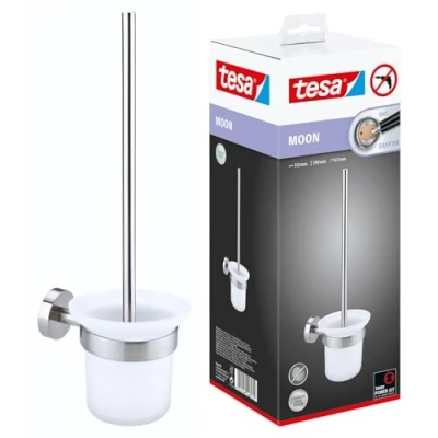Image of tesa MOON Toilet Brush Set No Drill With Frosted Glass Container Includes Removable Glue Solution