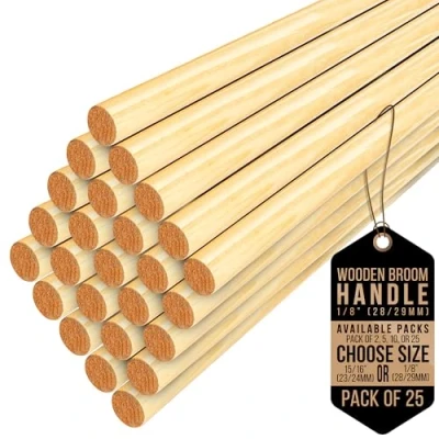 Image of Wooden Broom Handle Multipurpose Garden Shaft, Mop Handle, Broomstick Brush Pole, Plant Support Sticks for 120cm Long (Pack of 25, 1/8&quot; (28/29mm)