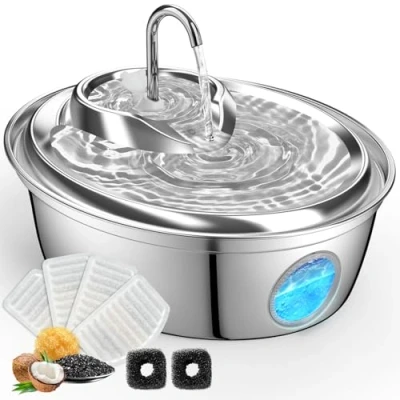 Image of GoldenSun Cat Water Fountain, 67oz/2L Stainless Steel Pet Fountain Inside, Automatic Dog Drinking with Level Visual Window for Cats and Small Dogs