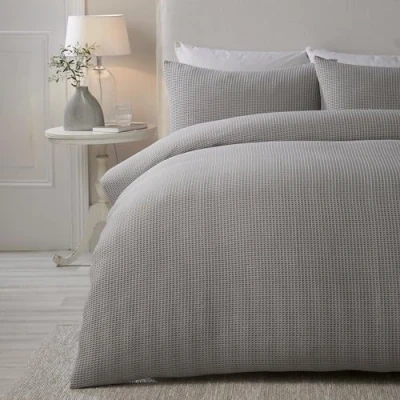 Image of Serene Silver Waffle Duvet Cover Single Bedding Size (140 x 200cm) Soft Touch Luxury Grid Pattern Textured in Square Puckered Lindly Collection