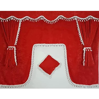 Image of Sertplas Luxurious Truck Curtains 7 pcs Set Red Soft Satin Plush with White Tassels, Universal Fit for All Lorry Makes and Models