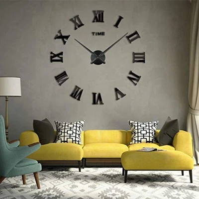 Image of 3D DIY Frameless Large Wall Clock Modern Roman Numerals Mirror Sticker Home Office Decorations for Living Room Bedroom
