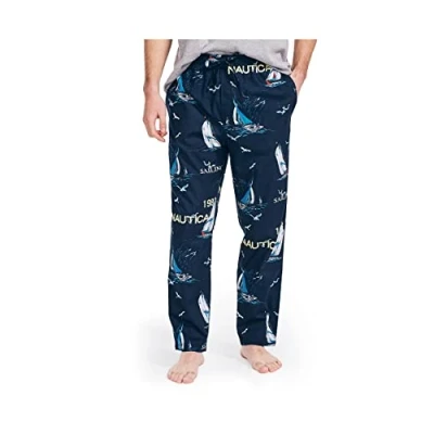 Image of Nautica Men&#039;s Soft Woven 100% Cotton Elastic Waistband Sleep Pant Pajama Bottoms, Sailboat Blue, M UK