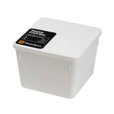 Image of WestonBoxes Small Plastic Pots, Tubs, Containers/Craft Organiser Boxes With Tight Fit Clip On Lids, Opaque White (Square, Pack of 5)