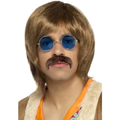 Image of Smiffys 60s Hippie Kit, Brown with Wig, Tash &amp; Specs, 1960&#039;s Groovy Fancy Dress, Adult Dress Up Wigs