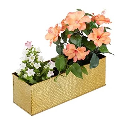 Image of Relaxdays Window Box For Interior, Planter, Metal Cachepot Flower and Herb Pots, Rectangular Tub, Iron, Gold Colour, 13 x 40 12 cm
