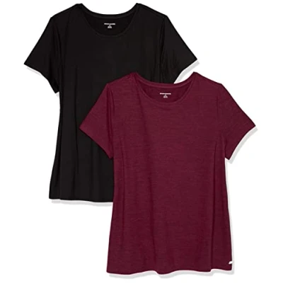 Image of Amazon Essentials Women&#039;s Tech Stretch Short Sleeved Crew Neck T Shirt (Available in Plus Size), Pack of 2, Black/Burgundy Space Dye, M