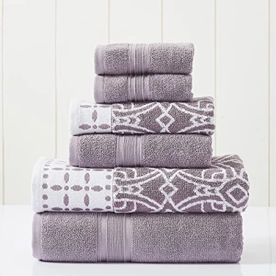Image of Modern Threads 6 Piece Set, 2 Bath Towels, Hand Washcloths Yarn Dyed Jacquard/Solid Towel Set Monroe Orchid
