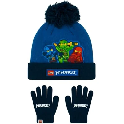 Image of LEGO Ninjago Kids Hat And Gloves Set Kai, Lloyd Jay Winter Hats For Boys One Size Blue