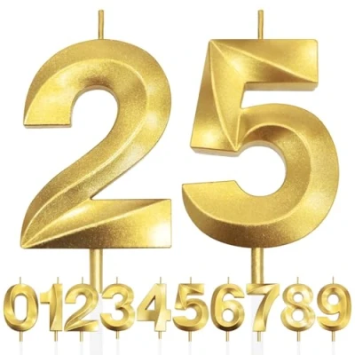 Image of 25th Birthday Candle, 3D Design Gold Glitter Number Candles, Cake Topper Decorations, Candle for Party, Wedding Anniversary, Baby Shower, Party Decoration