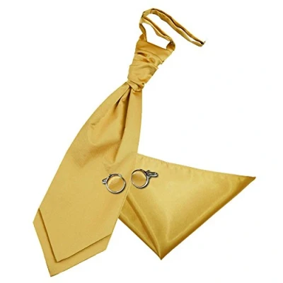 Image of DQT Men Plain Satin Wedding Scrunchie Pre Tied Cravat, Pocket Square &amp; Cufflinks Gold