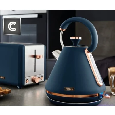 Image of TOWER Cavaletto 1.7L 3 KW Pyramid Kettle and 2 Slice 850W Toaster. Matching &amp; Toaster Set in Midnight Blue Rose Gold.Matching Gold