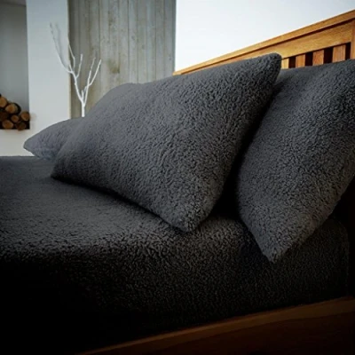 Image of GC GAVENO CAVAILIA 2 Pack Teddy Fleece Pillow Cases 100% Polyester Thermal Warm &amp; Cozy Pair of Soft Fluffy Plain Charcoal