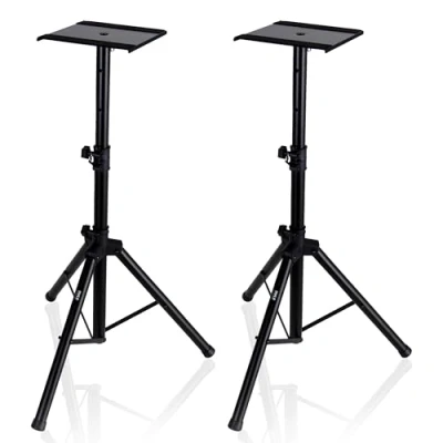 Image of Pyle, Dual Studio Monitor, 2 Speaker Stand Mount Kit, Heavy Duty Tripod Pair, Adjustable Height Stands 85 to 135 cm, Metal Platform Base Easy Mobility Safety PIN for Structural Stability