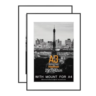 Image of Hesmor A3 Picture Frame Aluminum Acrylic in Black, Photo Frames 12 x 16.5 inch/29.7 42 cm Size with Clear Plexiglass for Wall Mounting, Set of 2 Poster Mount A4 Print