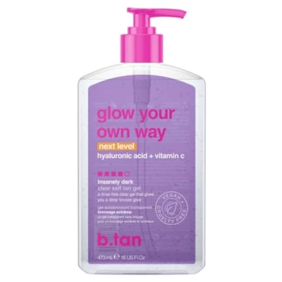 Image of b.tan Insanely Dark Clear Self Tan Gel Glow Your Own Way Next Level Transfer Resistant Tanning Gel, Vegan, Cruelty Free Tanner, 16 Fl Oz