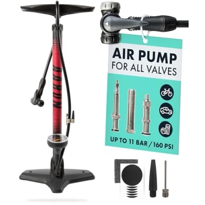 Image of AARON Sport One Bike Floor Pump with Pressure Gauge Suitable for all Valves High Pumps Incl. Ball Attachment E Bike, Mountain Road (Red)
