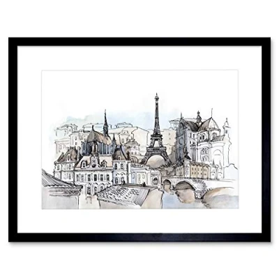 Image of Wee Blue Coo France Ink Drawing Paris Artwork Framed Wall Art Print 9X7 Inch