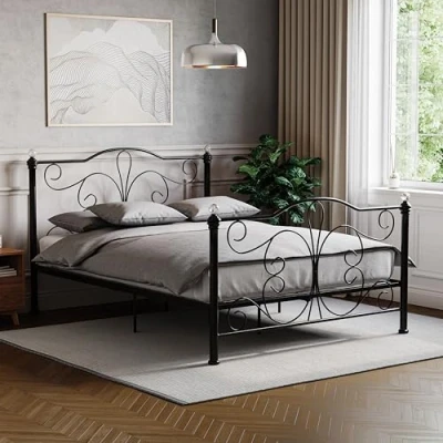 Image of Vida Designs Chicago Double Bed, 4ft6 Bed Frame Metal Headboard High Foot End Bedroom Furniture, Black