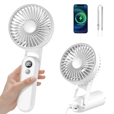 Image of CNMTCCO Portable Handheld Fan, Foldable Mini Fan Rechargeable with 5 Speed Levels, Quiet Small Personal USB Power Bank (White)