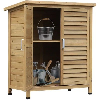 Image of Outsunny Garden Storage Shed Wooden Garage Organisation Outdoor Cabinet W/Doors, Natural