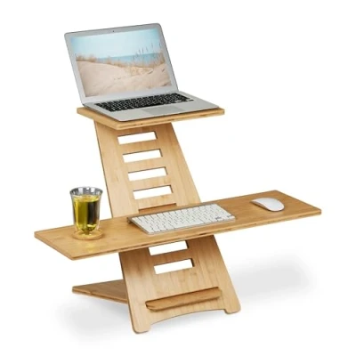 Image of Relaxdays Extension, Bamboo, 2 Shelves, Height Adjustable, Laptop Standing Desk Attachment, Natural, 77.5 x 80 57 cm