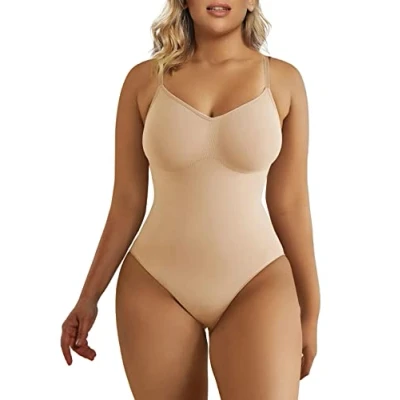 Image of SHAPERX Bodysuit for Women Seamless Body Shaper Tummy Control Shapewear Thong Adjustable Strap, UK SZ5215 Beige L/XL
