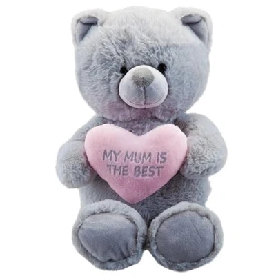 Image of PMS 447067 &quot;My Mum is The Best Embroidered Heart Gracie Grey Bear (36cm) 1 Pc. Cuddly &amp; Adorable Design, for Mother&#039;s Day, Birthdays, Special Occasion, Multicolor