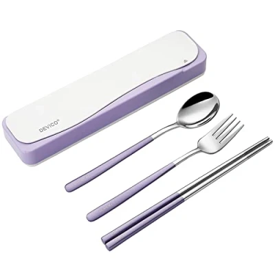 Image of DEVICO Travel Cutlery Set, Camping Set for 1, Portable 18/8 Stainless Steel Utensils Include Fork Spoon Chopsticks (Purple)