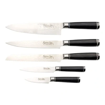 Image of Katana Saya 6 Piece Kitchen Knife Block Set, 67 Layer VG 10 Damascus Stainless Steel, Pakkawood Handles &amp; Storage Block, Silver, (KS 600/6B)