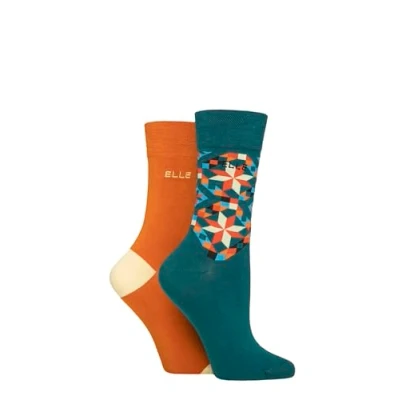 Image of Elle Ladies Soft, Breathable &amp; Cooling Bamboo Patterned and Plain Colourful Socks in a Multipack of 2 Pairs (UK, Numeric, 4, 8, Regular, Marmalade)