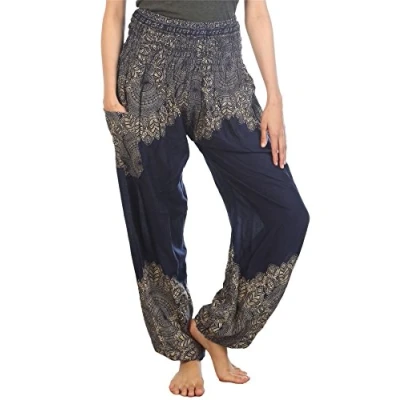 Image of Lofbaz Women&#039;s Floral Smocked Waist Harem Pants Dark Blue Size S