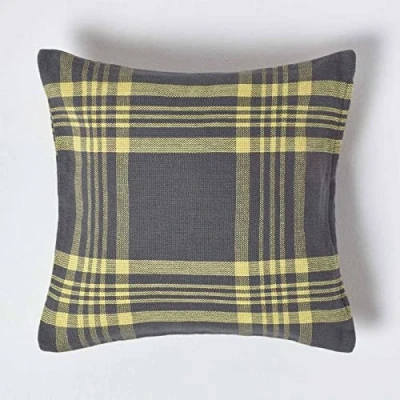 Image of HOMESCAPES Grey &amp; Yellow Tartan Cushion Cover, 100% Cotton 18 x Inches or 45cm 45cm, A Great Fit for Sofa Settee as Display Covers your Bed Conservatory