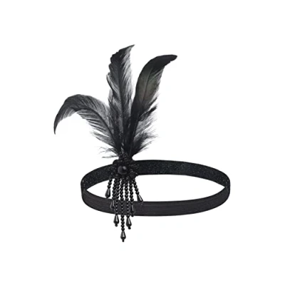 Image of ArtiDeco Women&#039;s 1920s Flapper Feather Headpiece Vintage Headband Beaded Great Gatsby Costume Accessories, Black, One Size