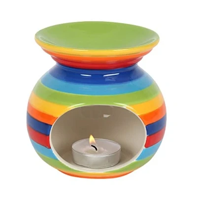 Image of Stunning Rainbow Striped Ceramic Oil Burner 14cm x (1 Pc.) Premium Quality Material Ideal for Aromatherapy, Home Decor Accent &amp; Gift