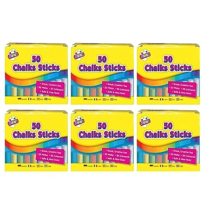 Image of 6 Pack (50 pcs in Each pack) White &amp; Coloured Sidewalk Chalks for Children, Safe and Non toxic Toddlers, Pavement Chalk Set Painting on School Chalkboard Blackboard Street Playground