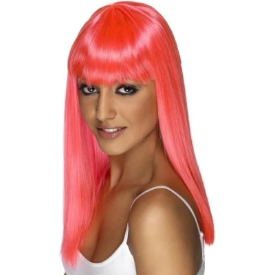 Image of Smiffys Glamourama Wig, Neon Pink Long, Straight with Fringe, Ladies Glamour Wigs Fancy Dress, Adult Dress Up