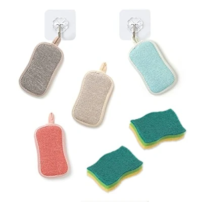 Image of 6 Pack Antibacterial Microfiber Dual Action scrubbing Sponge Kitchen Washing Up Cleaner Pads Scrubs Sponges Wash Pad Cloth Non Stick Pans Scratch with 2pcs Adhesive Hooks