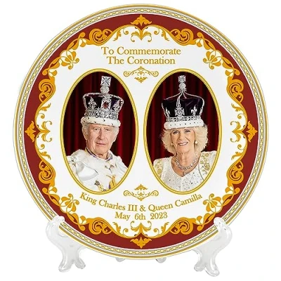 Image of The Leonardo Collection His Majesty King Charles III &amp; Queen Camilla Coronation Commemorative Plate with Stand Gift, Multicolour, one Size