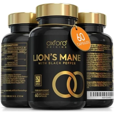 Image of Advanced Lions Mane Mushroom 2400mg 60 High Strength Vegan Capsules Supplement with Black Pepper Lion&#039;s (not powder or tablets) Made in The UK