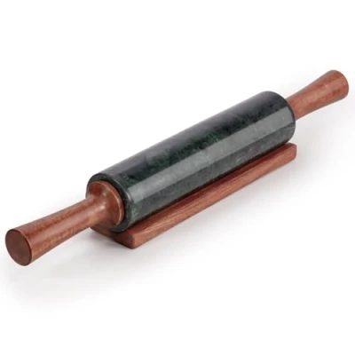 Image of EHC Marble Rolling Pin for Baking with Acacia Wood Stand, Non Stick Surface Pizza Dough, Naan Bread and Pastry, Durable Kitchen Accessory, Perfect Bakers &amp; Chefs Tool Green
