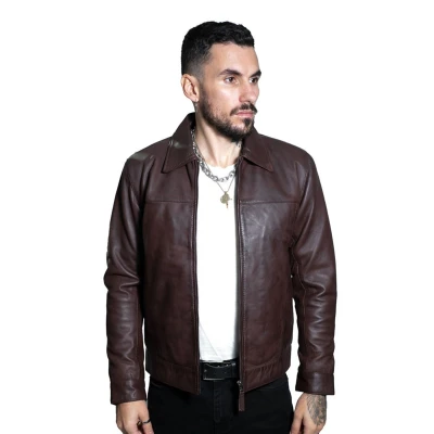 Image of Men&#039;s Retro Brown 100% Nappa Leather Harington Biker Jacket L
