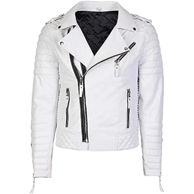 Image of Mens Brando Leather Jackets Motorcycle Negan Bomber Biker White Real Jacket Men
