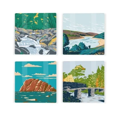 Image of Dartmoor Ceramic Coaster Set Devon UK Landmarks/Landscapes Square of Four (4) Coasters Gift