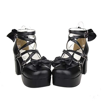 Image of Lorie &amp; Knight Japanese Lolita Party Shoes Criss Cross High Heels Ankle Strap Dress Pumps Black